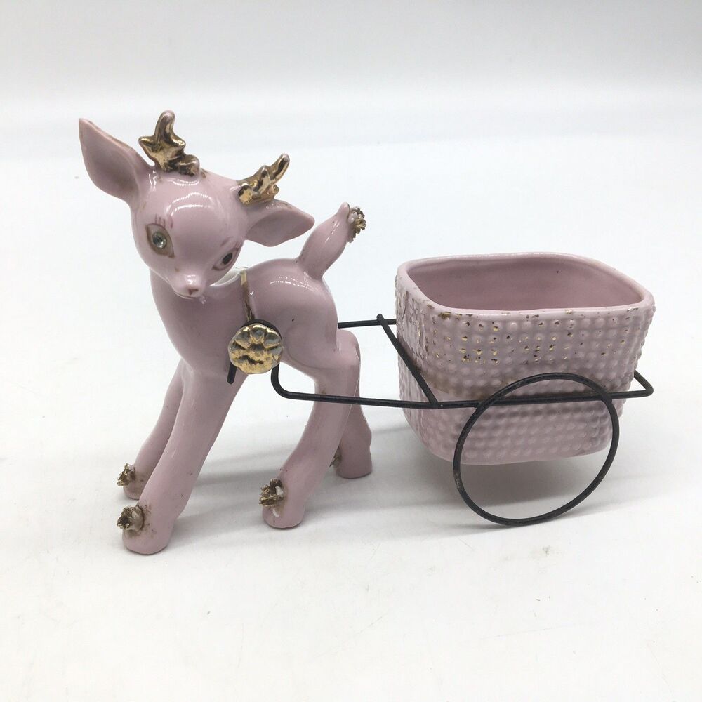 Vintage Lefton Pink Reindeer Deer  Pulling A Cart Planter 2 Pc Made in Japan MCM